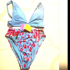 Tropical/Leopard Print High Waist‎ Bikini Bottom - M(10) 2 piece